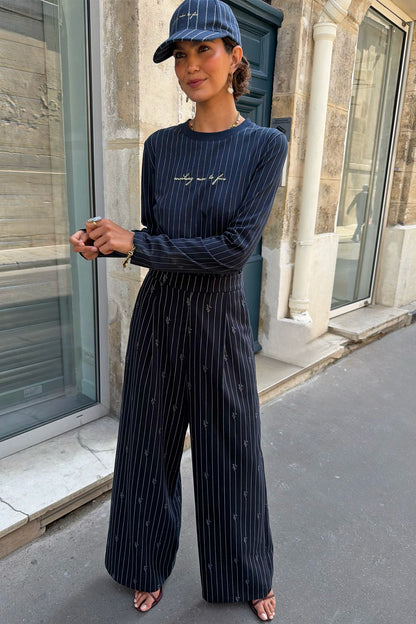 Navy Pinstripe Baby T-Shirt with Gold Embroidery | Never Fully Dressed Quality