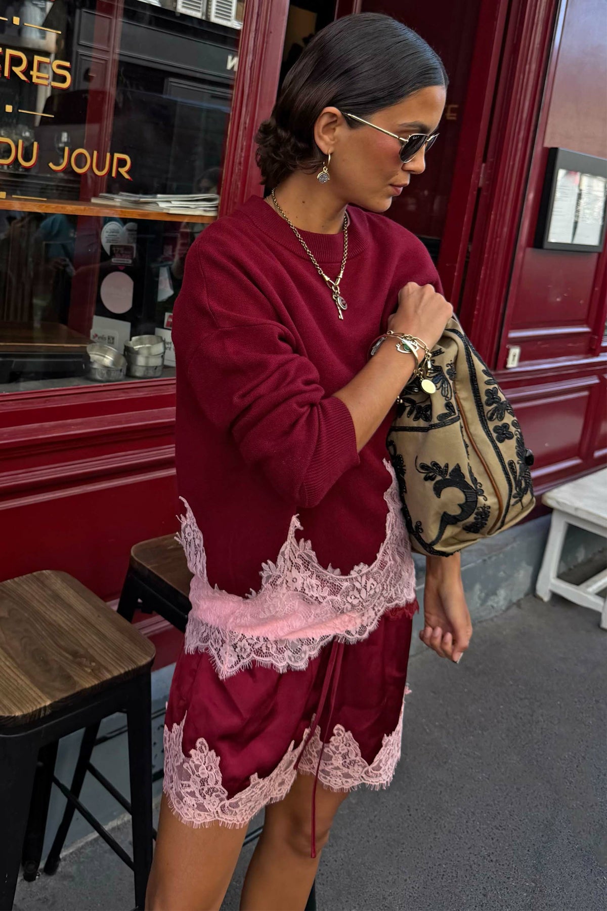Burgundy and Pink Lace Maeva Shorts | Never Fully Dressed Everyday