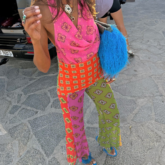 Pink Mix Tile Mesh Flare Trousers | Never Fully Dressed Everyday