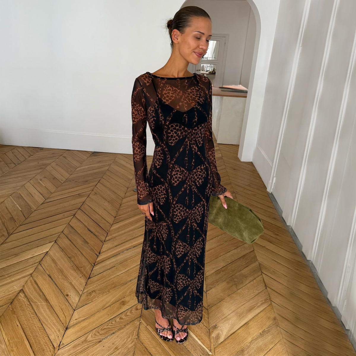 Black Leopard Bow Aria Mesh Dress Petite | Never Fully Dressed Signature