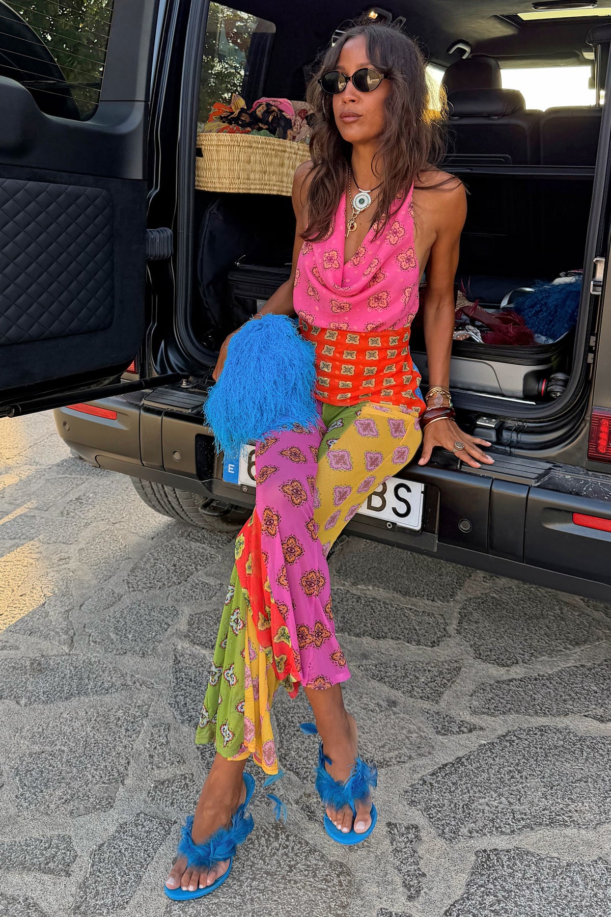 Pink Mix Tile Mesh Flare Trousers Petite | Never Fully Dressed Best Seller